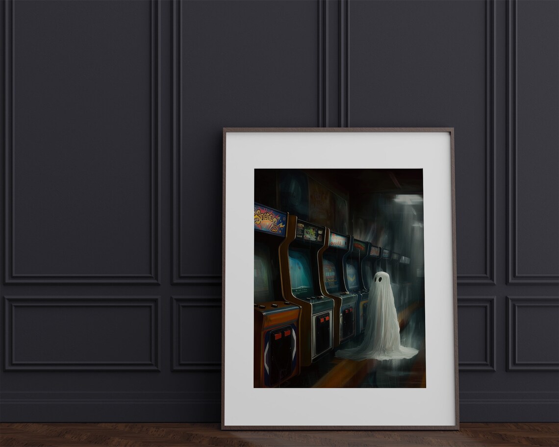 Ghost Art Print Ghost In Retro Arcade Halloween Painting Cute Ghost Art Mid Century Modern Wall Art Print