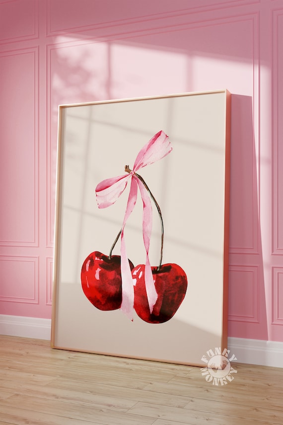 Cherry Art Print, Coquette Pink Bow Decor