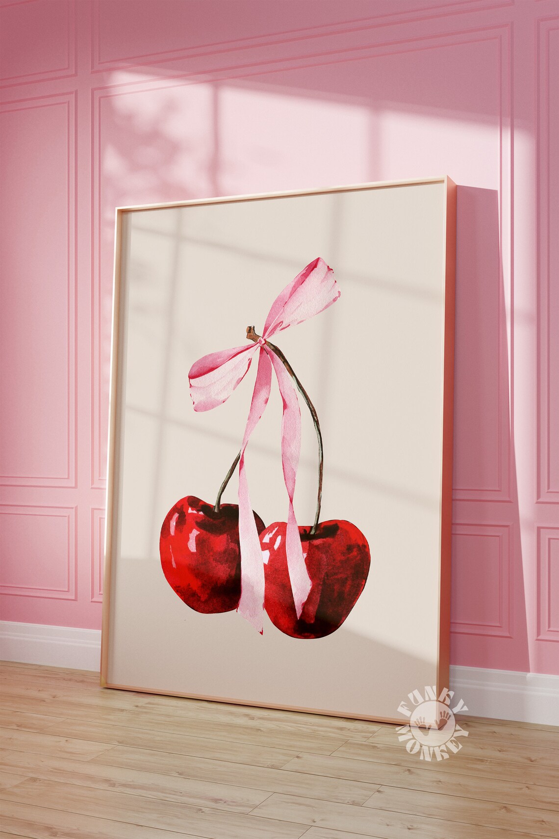 Cherry Art Print, Coquette Pink Bow Decor
