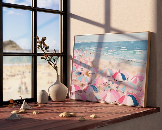 Pink and Blue Beach Umbrellas Coastal Summer Ocean Scene Wall Art