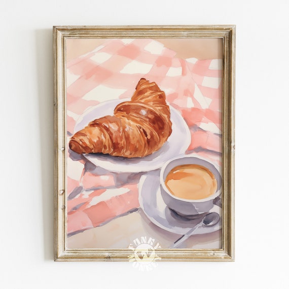 Kitchen Pastel Painting Print Grandmillennial Poster Croissant Print Retro Kitchen Print Pink Apartment Aesthetic Trendy Wall Art
