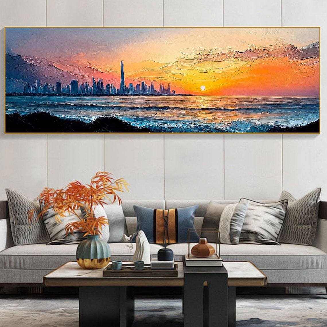 Dubai Skyline Sunset Ocean Burj Khalifa Impasto Cityscape Art Poster