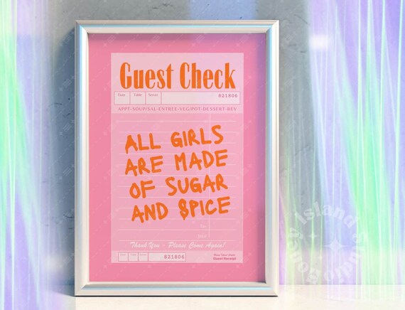 Guest Check Wall Art Pink Girl Room Decor Retro Print Girls Sugar Spice Home Maximalist Preppy Dorm