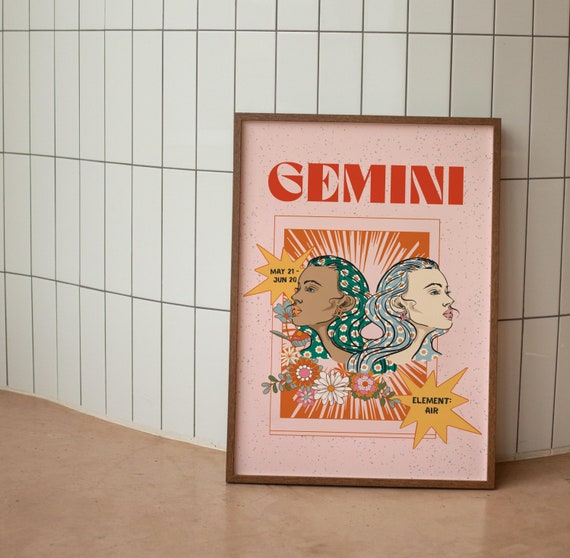 Gemini Zodiac Retro Art Print, Astrology Decor