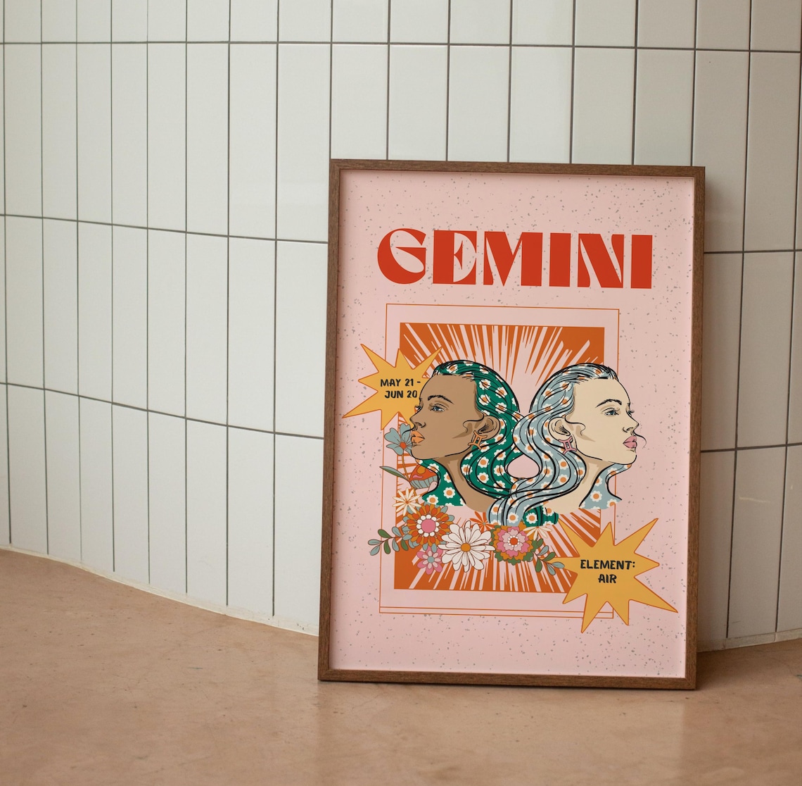 Gemini Zodiac Retro Art Print, Astrology Decor