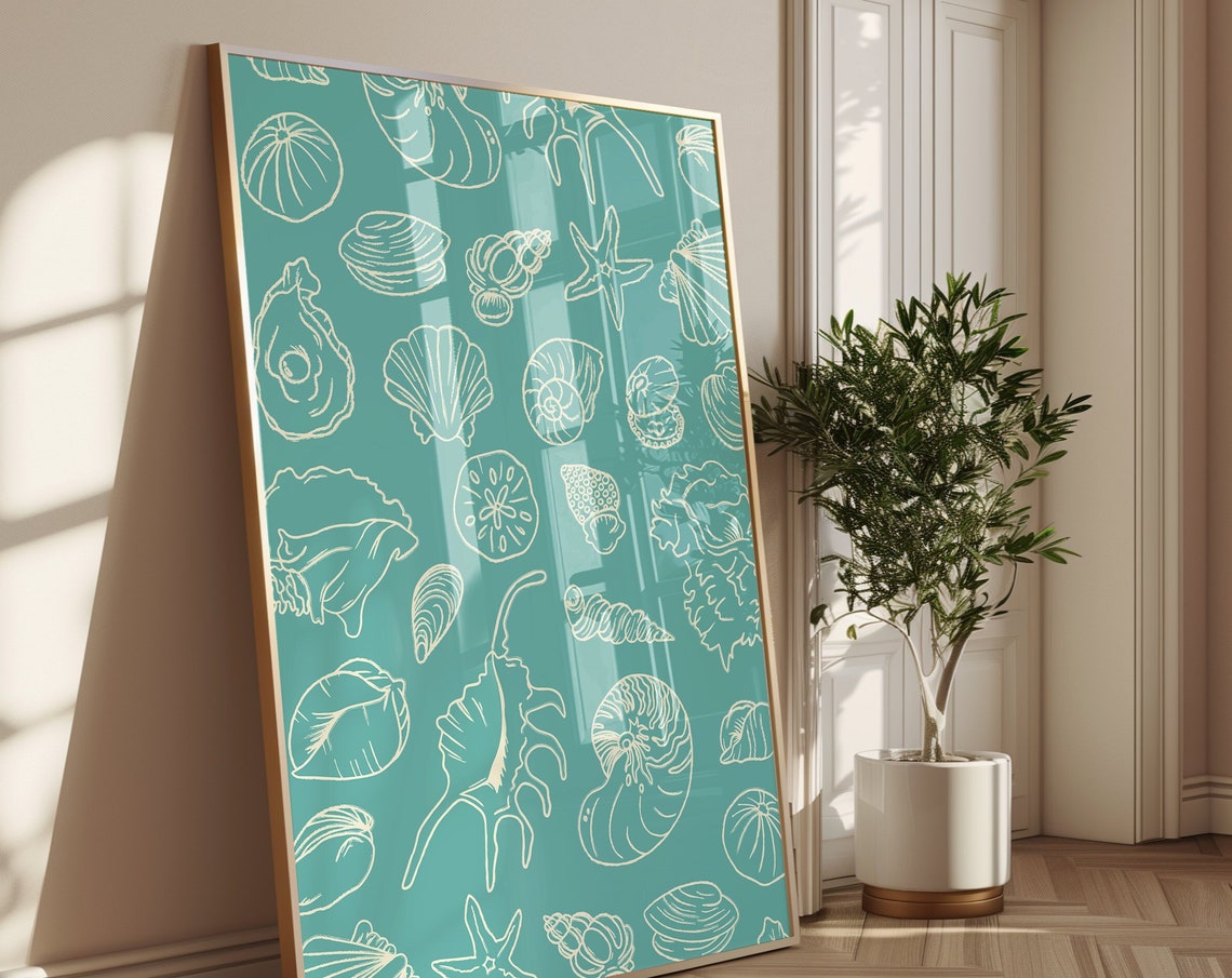 Cream Seashell Line Art Pattern Teal Ocean Tropical Beach Poster
