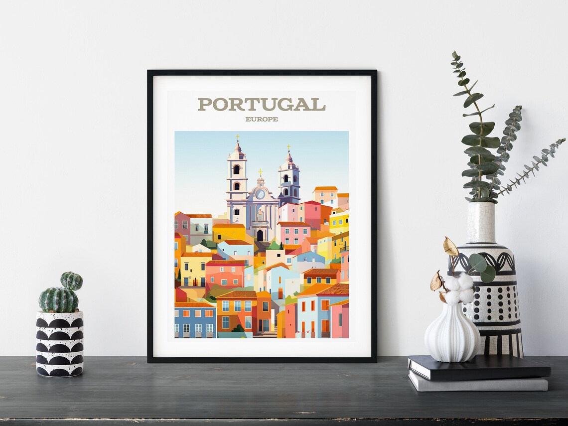 Portugal Europe Colorful Hillside Town Church Retro Travel Poster