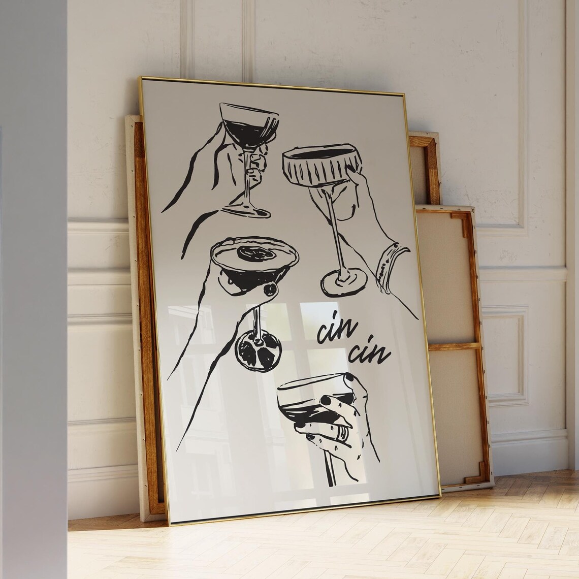 Cin Cin Cocktail Cheers Black Ink Hands Toasting Bar Cart Wall Poster