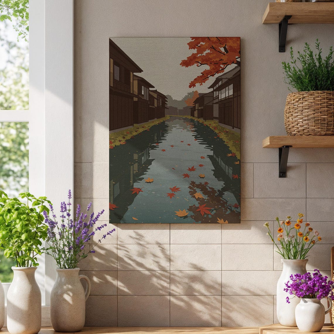 Autumn Japanese Canal Red Maple Leaves Kyoto Fall Landscape Poster