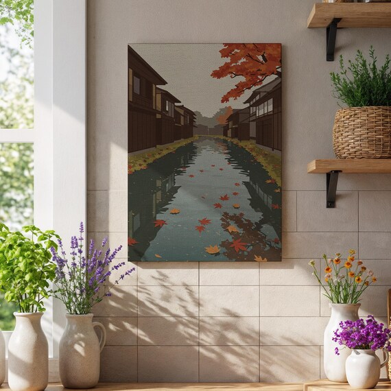 Autumn Japanese Canal Red Maple Leaves Kyoto Fall Landscape Poster