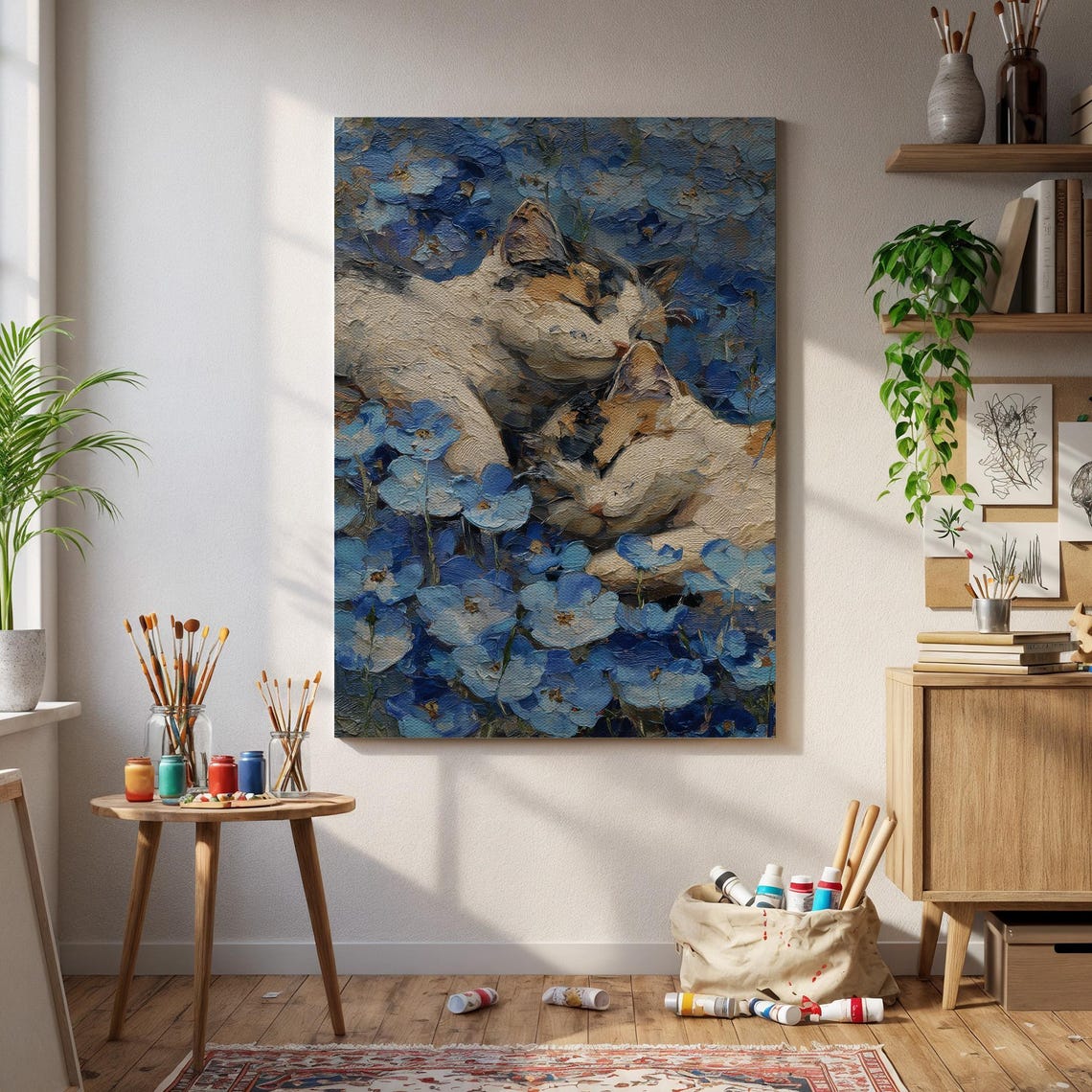 Sleeping Calico Cats Blue Flowers Impasto Oil Painting Poster