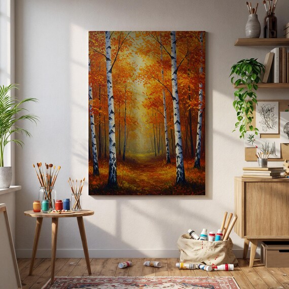 Autumn Birch Forest Path Golden Orange Fall Landscape Art Poster