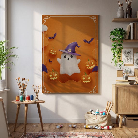 Cute Halloween Art Print Witch Hat Pumpkin Scene Spooky Kids Room Decor Playful October Wall Poster For Fall Holidays Home