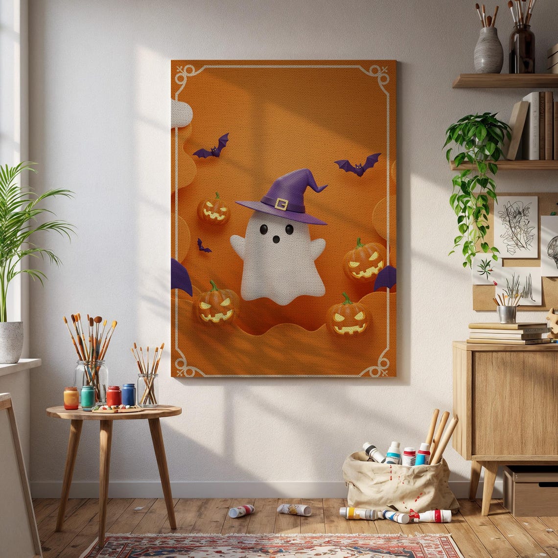 Cute Halloween Ghost With Witch Hat Pumpkins Orange Canvas Wall Art