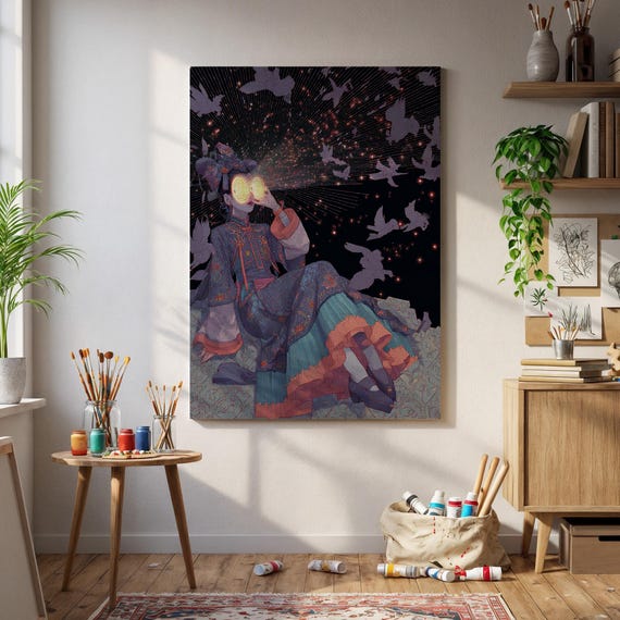 Celestial Empress And Birds Wall Art Mystical Woman In Robes With Glowing Eyes Doves Night Sky Surreal Fantasy Decor
