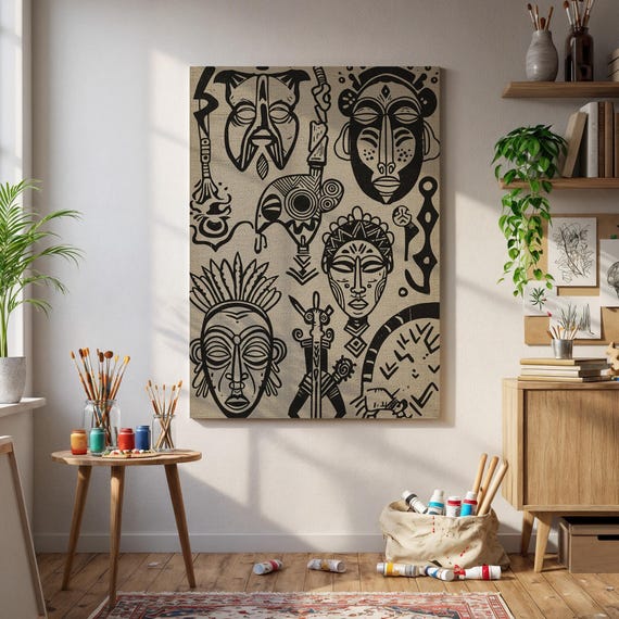 Framed African Tribal Wall Art Black Ink Ethnic Face Illustration Poster Boho Neutral Canvas Print For Living Room Or Cultural Decor