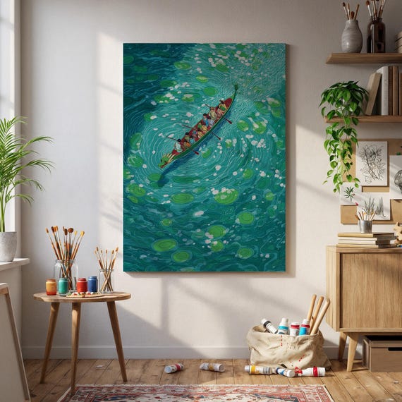 Framed Dragon Boat Canvas Wall Art Aerial Water Lily Race Scene Vibrant Teamwork Illustration Nautical Decor For Home Or Office