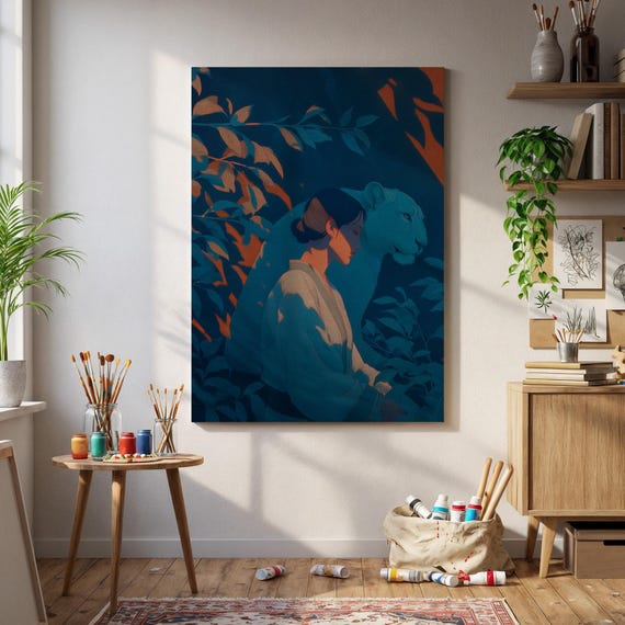 Tiger Spirit Wall Art Woman And White In Jungle Shadows Mystical Night Canvas Print For Moody Zeninspired Interiors