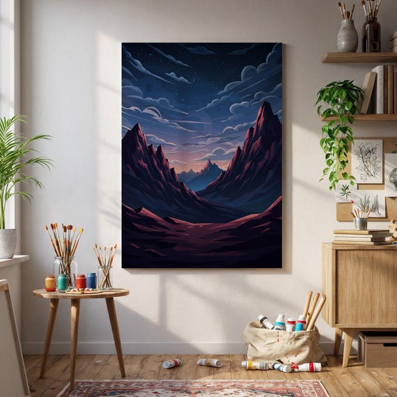 Mystical Mountain Landscape Art Surreal Sunset Valley Print Dreamy Canyon Wall Decor Fantasy Twilight Peaks Night Sky Poster