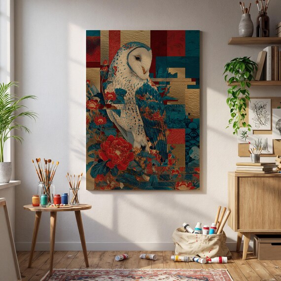 Mystic Barn Owl Wall Art Japanese Floral Animal Print Elegant Boho Bird Poster Enchanted Forest Decor For Witchy Nature Inspired Homes