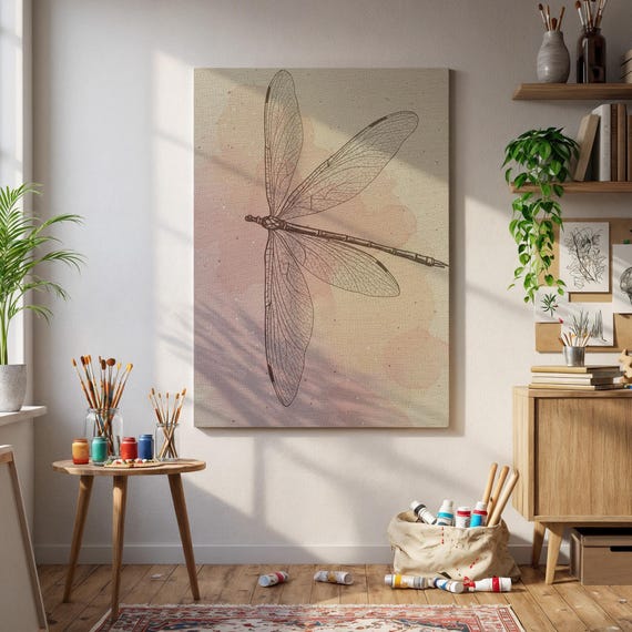 Framed Dragonfly Wall Art Vintage Insect Line Drawing On Pastel Canvas Minimalist Botanical Nature Poster Elegant Gift For Lover