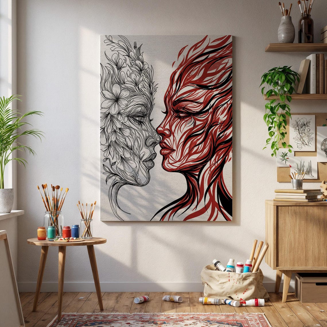 Floral And Flame Duality Faces Line Art Abstract Portrait Poster