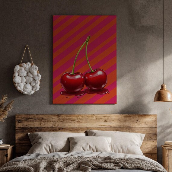 Pop Art Red Cherries Retro Striped Background Bold Kitchen Poster