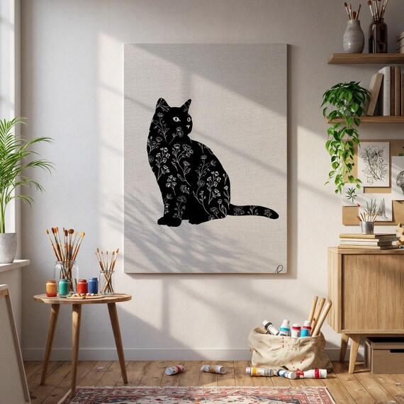 Black Cat Floral Silhouette Minimalist Botanical Animal Poster