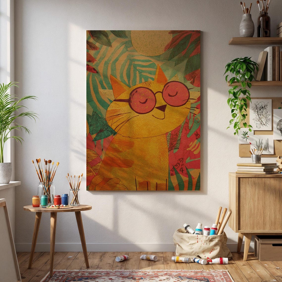 Smiling Orange Cat Red Sunglasses Tropical Jungle Art Poster