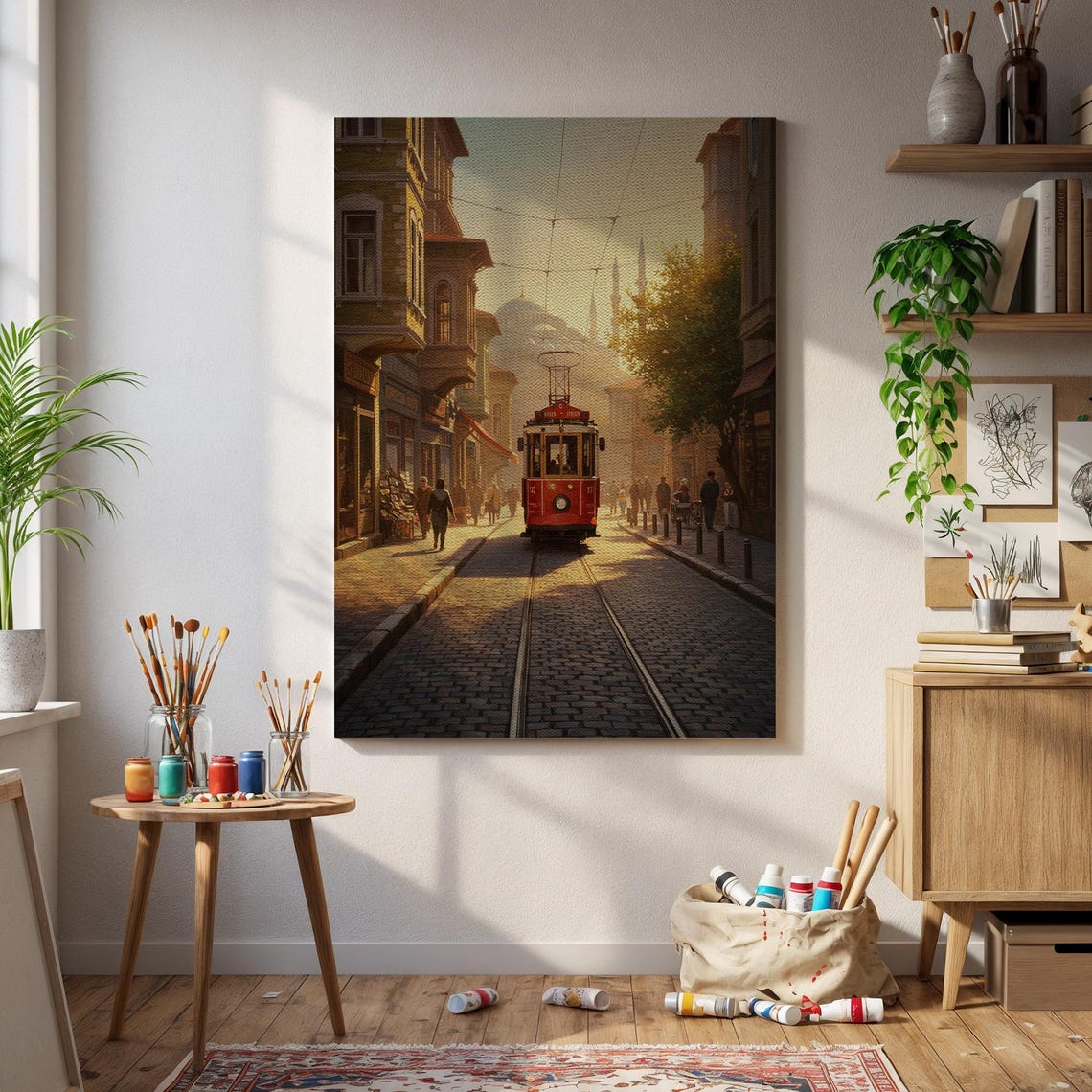 Istanbul Turkey Red Vintage Tram On Cobblestone Street Poster