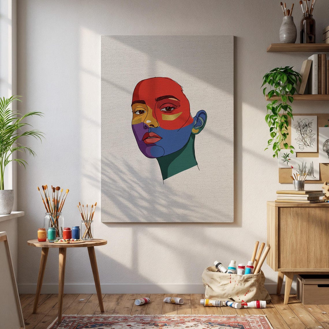 Colorful Woman Face Abstract Portrait Bold Line Modern Art Poster