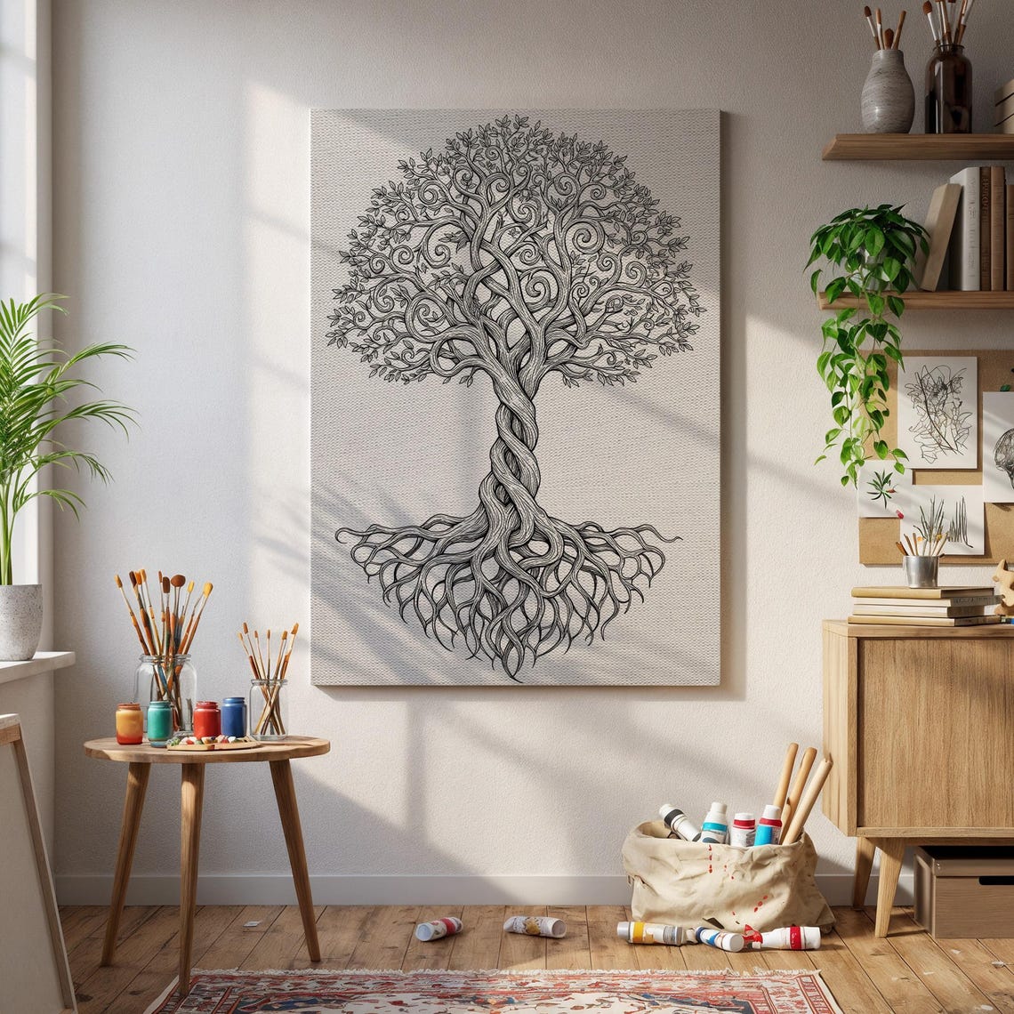 Tree Of Life Black Ink Drawing Twisted Roots Branches Wall Art