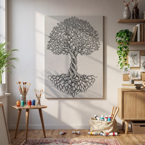 Tree Of Life Black Ink Drawing Twisted Roots Branches Wall Art