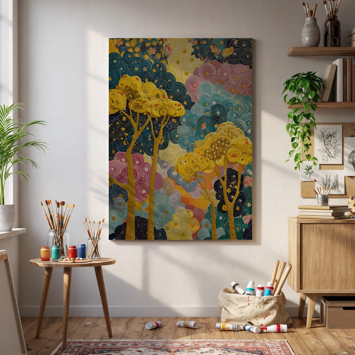 Golden Trees Swirling Clouds Colorful Abstract Forest Poster
