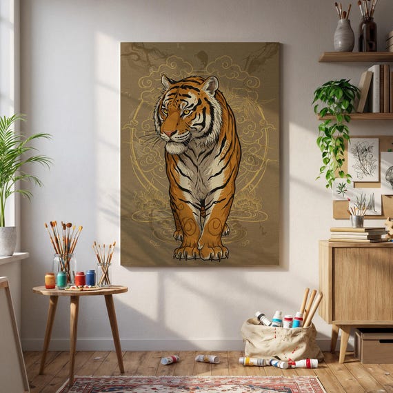 Majestic Tiger Art Print Regal Jungle Animal Poster Mythic Gold Pattern Wall Decor Power Wildlife Canvas Tribal Illustration