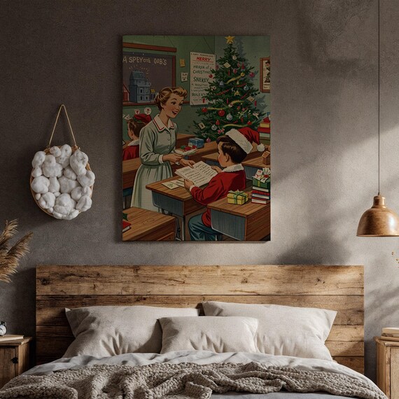 Retro Christmas Classroom Santa Hat Boy Vintage Holiday Poster