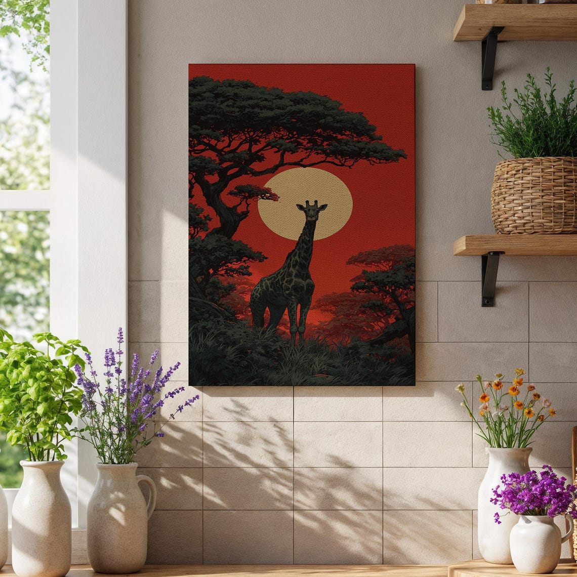 Giraffe Silhouette Against Sun Fiery Red African Savanna Art Poster