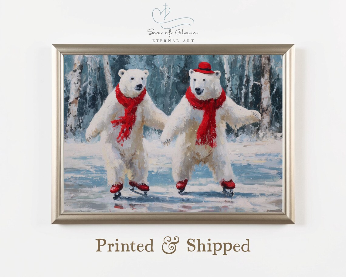 Polar Bear Oil Painting, Festive Winter Art Print