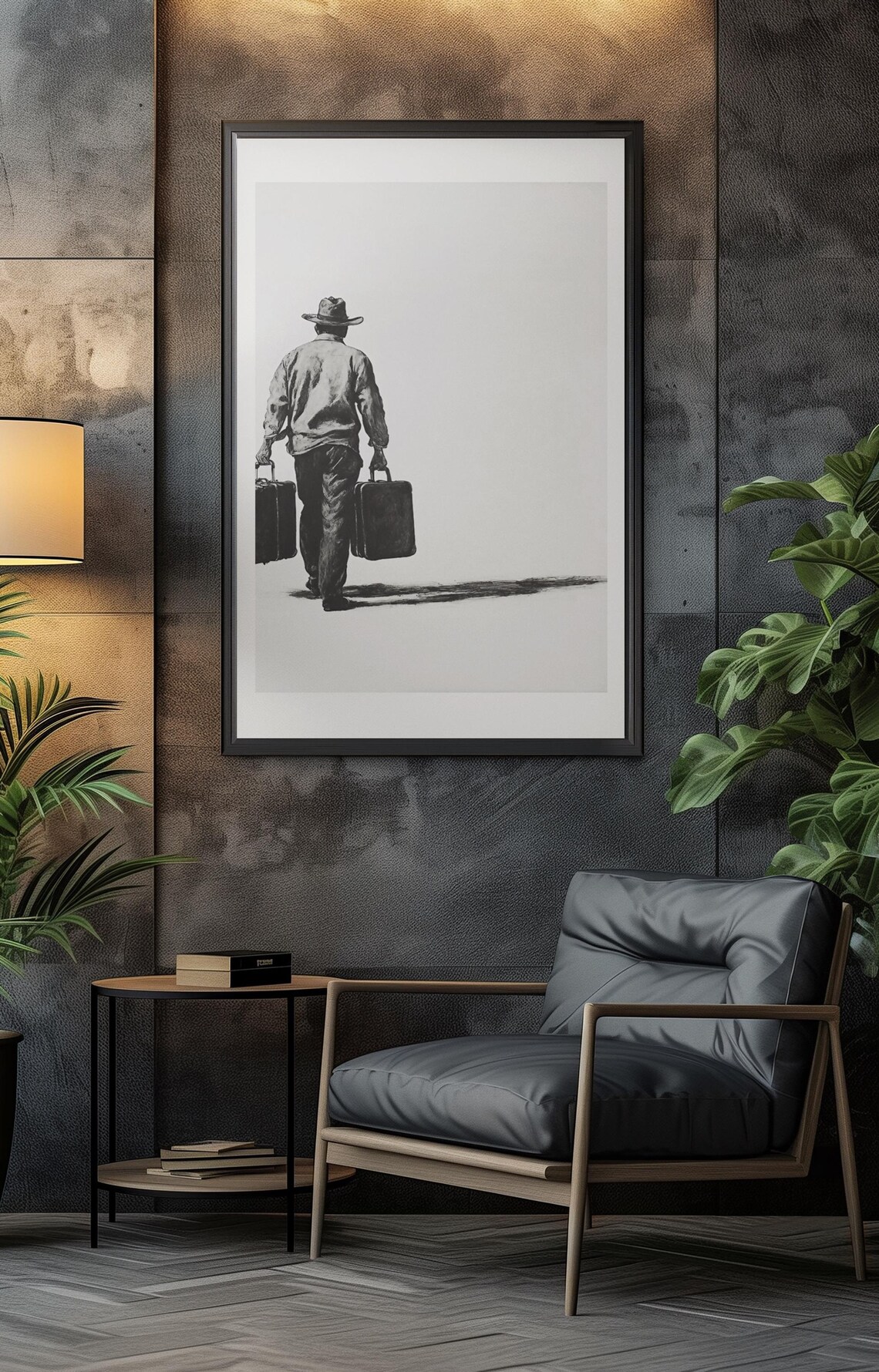 Lone Cowboy Walking Away Carrying Two Vintage Suitcases Poster - Image 3