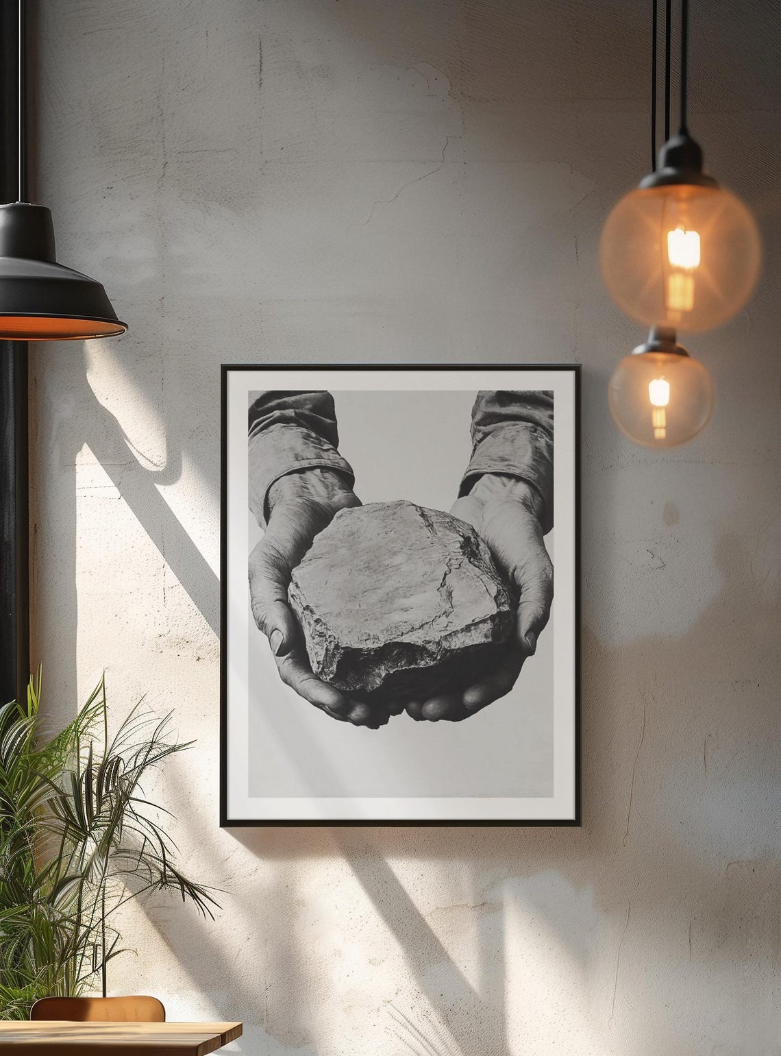 Weathered Hands Holding Rough Stone Hyperrealistic Charcoal Poster