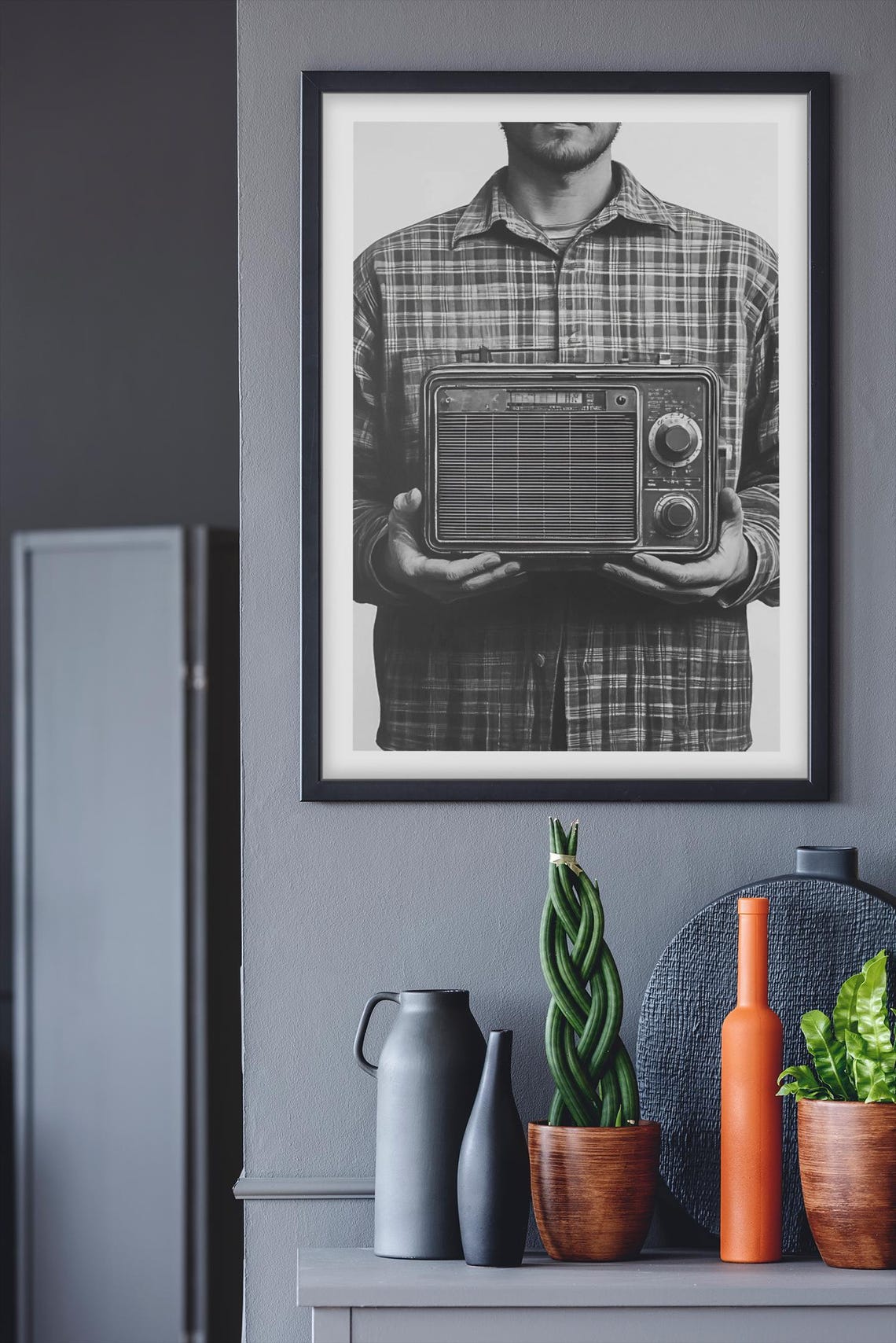 Black And White Man Holding Vintage Radio Nostalgic Photo Poster - Image 2