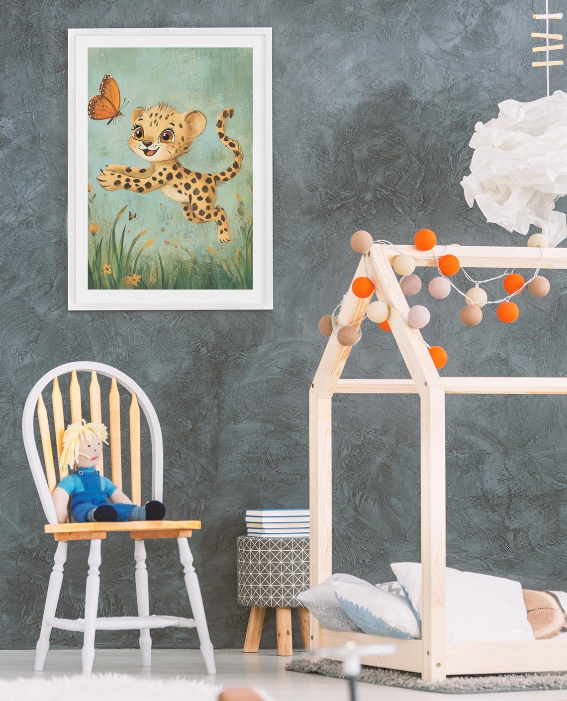 Playful Baby Cheetah Chasing Butterfly Meadow Nursery Poster - Image 3
