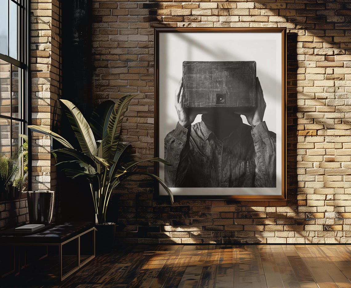 Man Holding Vintage Box Camera Over Face Surreal Photo Poster - Image 2