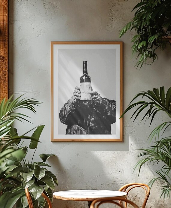 Black And White Hands Holding Wine Bottle Eclectic Bar Poster