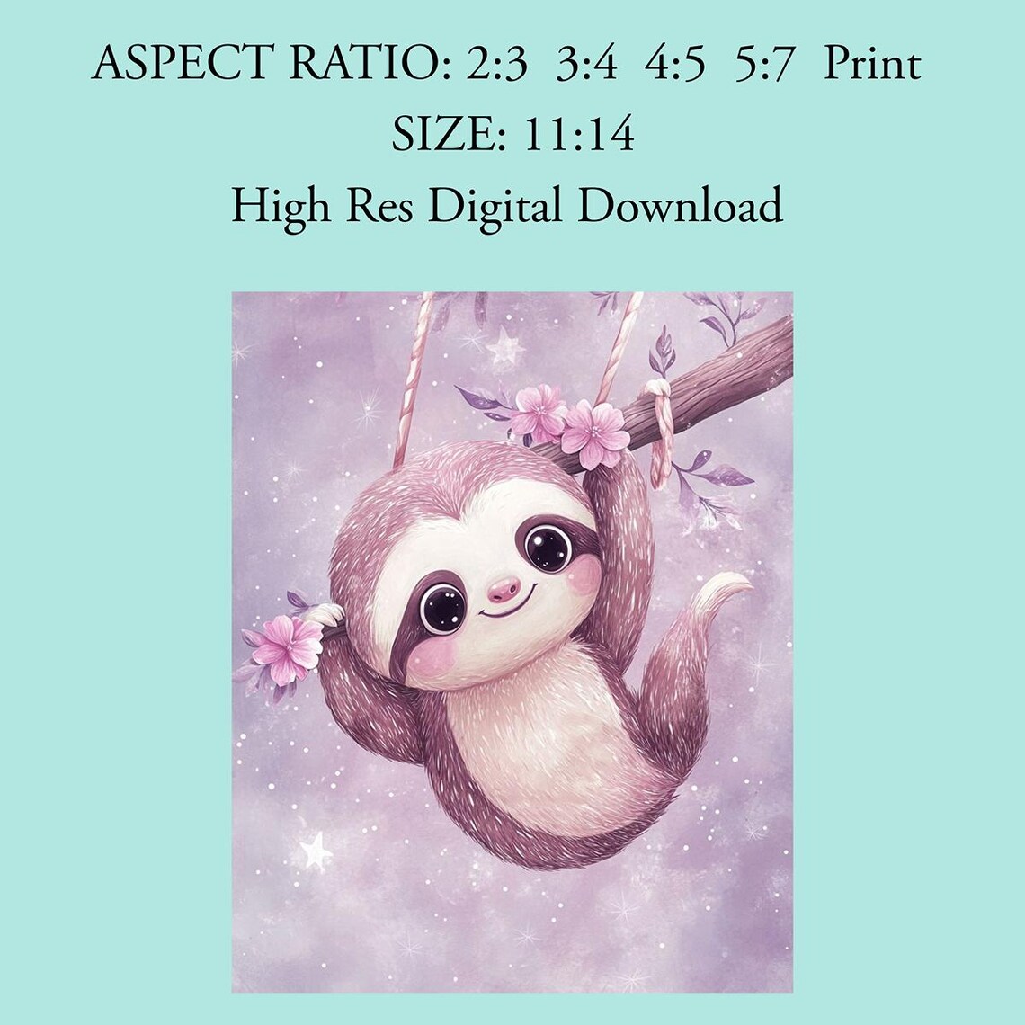 Cute Sloth On Branch With Blossoms Purple Dreamy Nursery Poster - Image 4