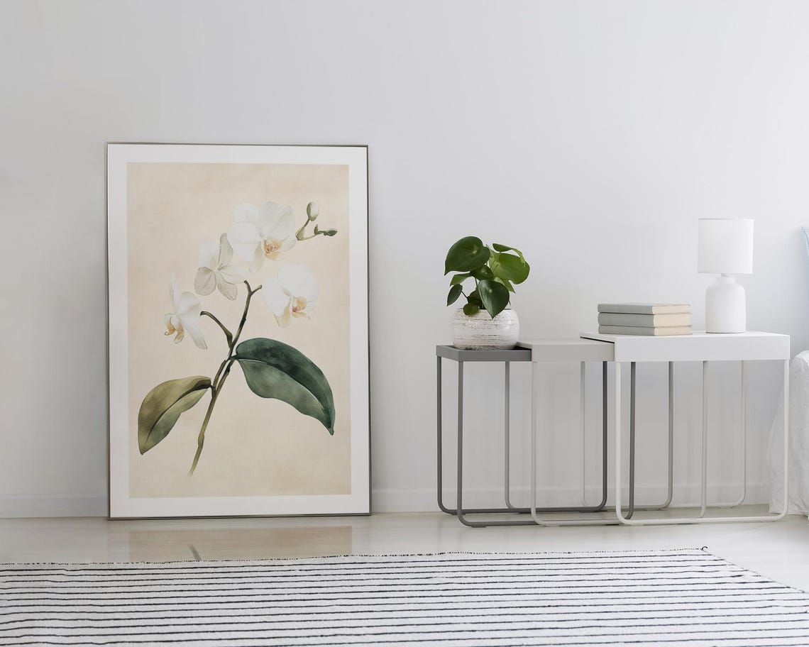White Orchid Blossoms Watercolor Botanical Minimalist Art Poster - Image 4