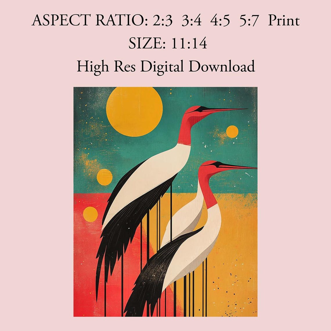 Two Red Crowned Cranes Colorful Block Modern Asian Nature Poster - Image 3