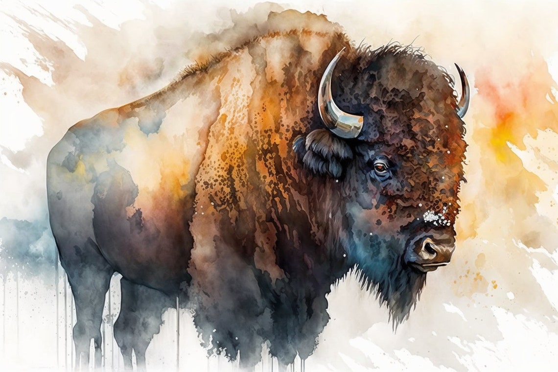 Bison Watercolor Warm Orange Wash Buffalo Prairie Wildlife Wall Art