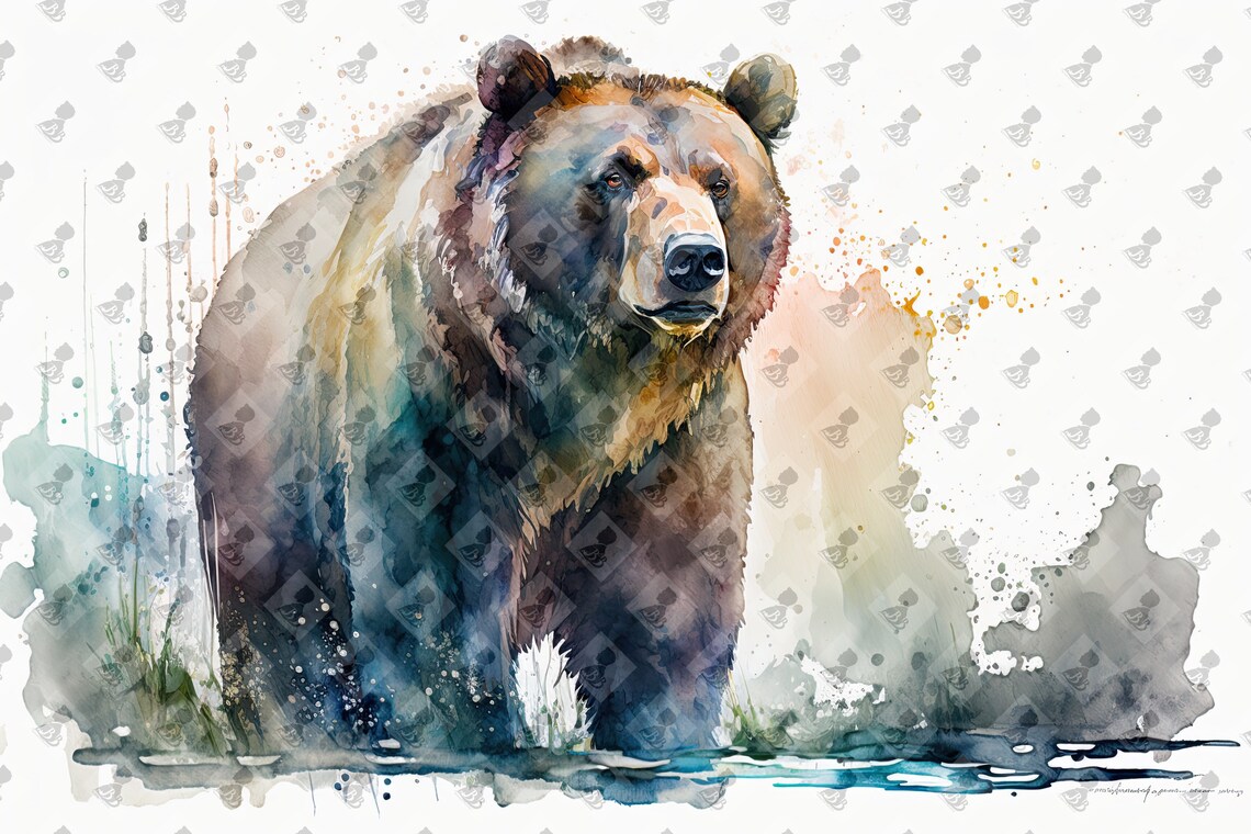 Grizzly Watercolor Animal Print for Rustic Decor