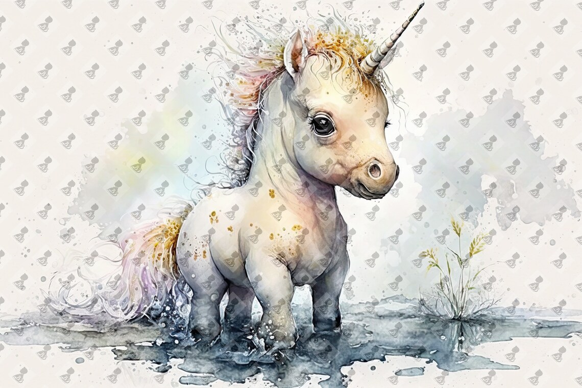 Watercolor Baby Unicorn Nursery Wall Art Print